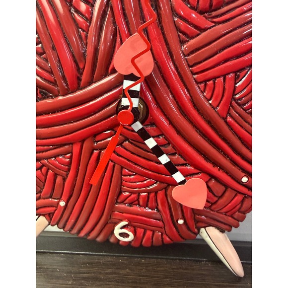 Allen Designs Studio Red Yarn Ball Knitting Wall Clock Heart missing Pendulum - Picture 3 of 7